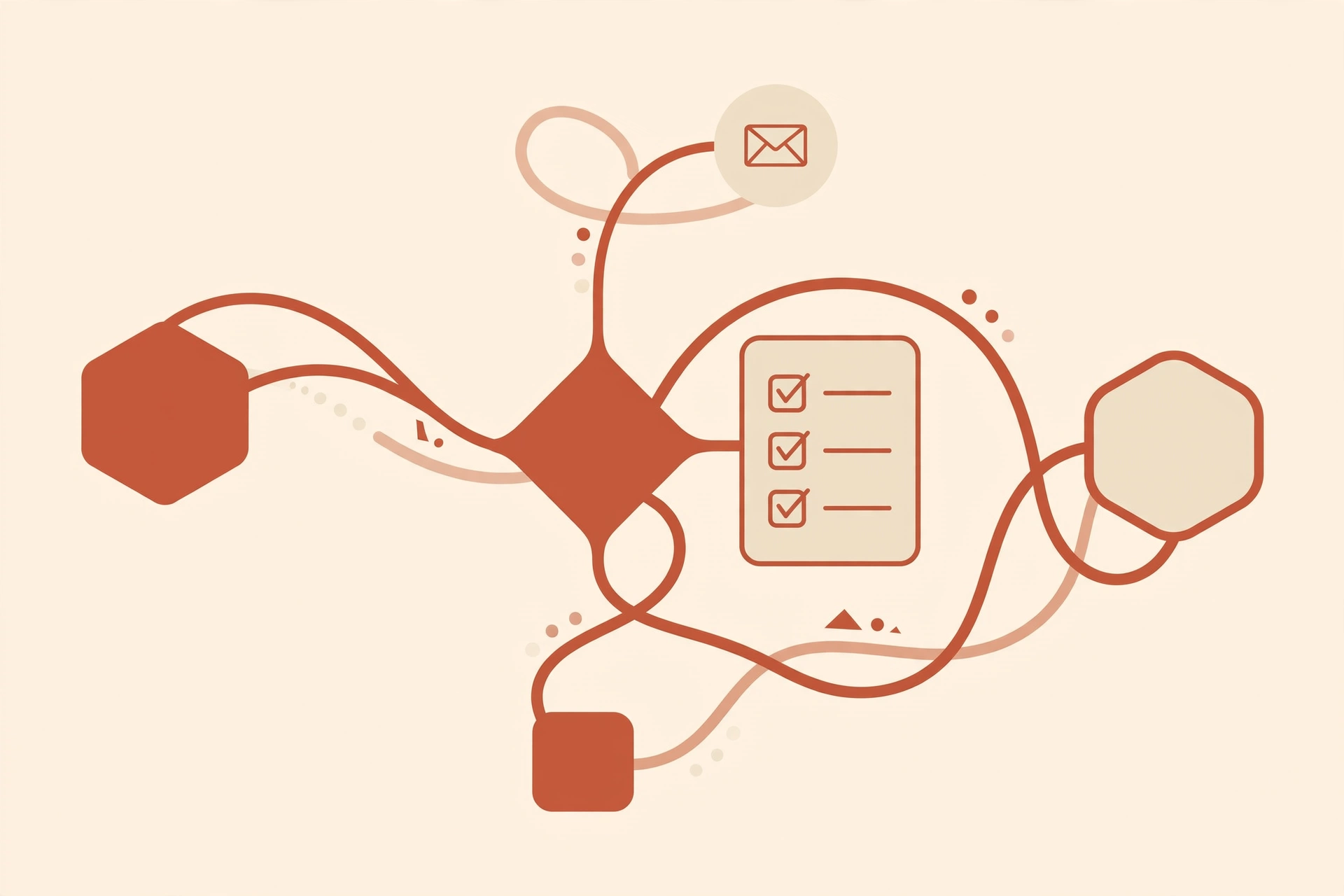 Terracotta line illustration of connected workflow nodes and a checklist — automation running your admin work in the background.