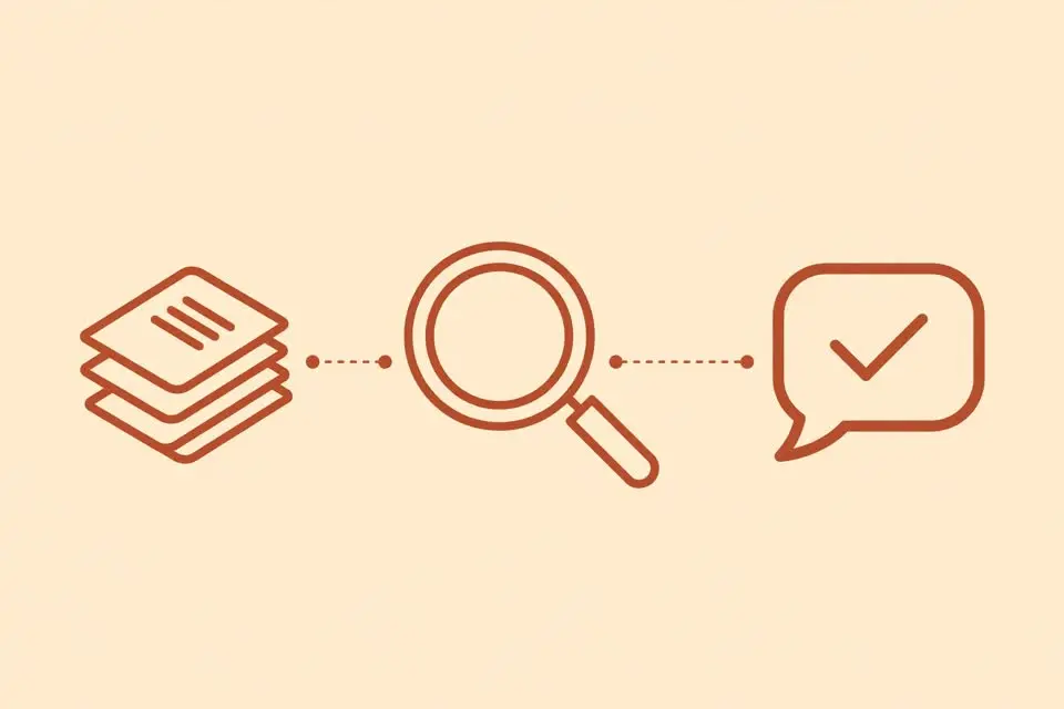 Terracotta line illustration of documents, a magnifying glass, and a checked answer — the RAG knowledge assistant finding answers in your docs.