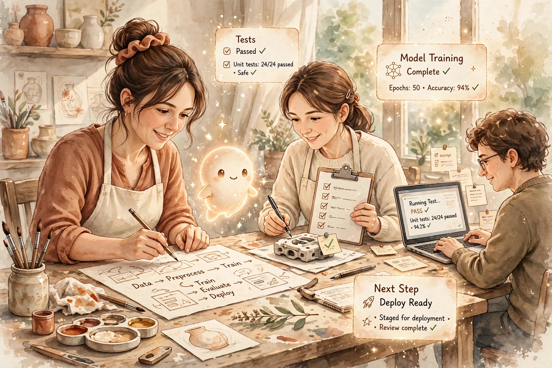 Watercolor illustration: a person sketching an AI system plan at a workbench while a glowing AI assistant helps, one teammate verifies finished work against a checklist, and another tests the system on a laptop.